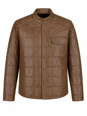 Men’s Light Brown Quilted Leather Shirt Jacket Front