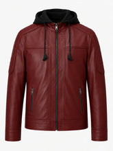 Men’s Maroon Hooded Leather Jacket Front