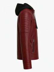 Men’s Maroon Hooded Leather Jacket Right