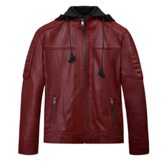 Men’s Maroon Hooded Leather Jacket
