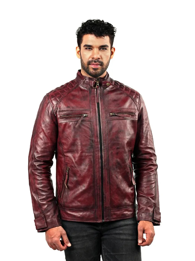 Men’s Maroon Leather Jacket Front