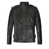 Men’s Multi-Pocket Black Leather Jacket with Epaulets