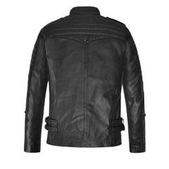 Men’s Multi-Pocket Black Leather Jacket with Epaulets