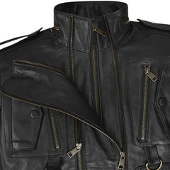 Men’s Multi-Pocket Black Leather Jacket with Epaulets