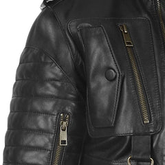 Men’s Multi-Pocket Black Leather Jacket with Epaulets