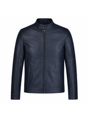 Men’s Navy Blue Classic Leather Jacket Front