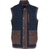 Men's Navy Wool Checkered Vest with Brown Leather Trim