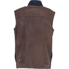 Men's Navy Wool Checkered Vest with Brown Leather Trim