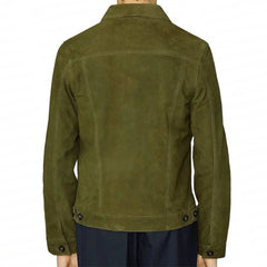 Men's Olive Green Suede Button-Up Jacket