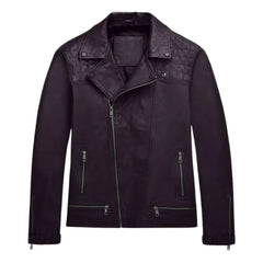 Men’s Purple Quilted Shoulder Leather Jacket