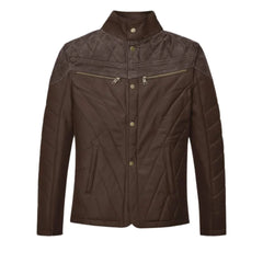 Men’s Quilted Dark Brown Leather Jacket with Suede Paneling