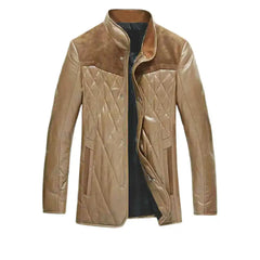 Men’s Quilted Tan Leather Jacket with Suede Shoulders