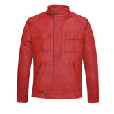 Men’s Red Leather Jacket with Belted Collar