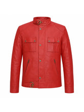 Men’s Red Leather Jacket with Belted Collar Front