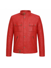 Men’s Red Leather Jacket with Belted Collar Front