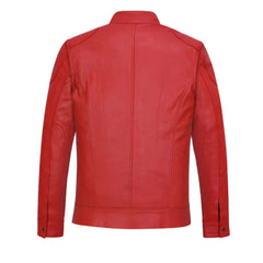 Men’s Red Leather Jacket with Belted Collar