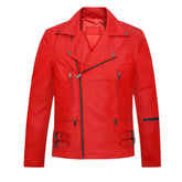 Men’s Red Leather Jacket with Buckle Straps