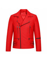 Men’s Red Leather Jacket with Buckle Straps Front