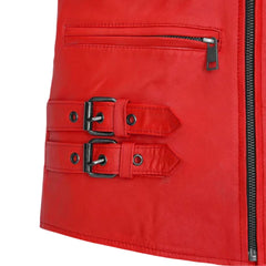 Men’s Red Leather Jacket with Buckle Straps