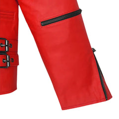 Men’s Red Leather Jacket with Buckle Straps