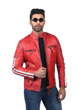 Men’s Red Leather Jacket with Stripe Sleeves Front