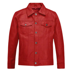 Men’s Red Leather Trucker Jacket