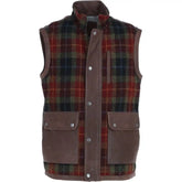 Men's Red And Green Wool Plaid Vest with Leather Trim