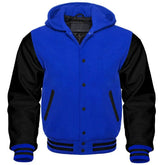 Men's Royal Blue and Black Hooded Varsity Jacket