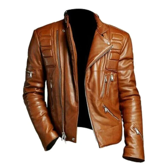 Men's Rugged Brown Leather Padded Design Jacket
