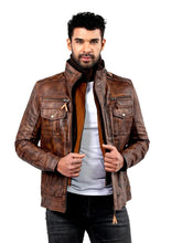 Men’s Rustic Brown Leather Jacket with Utility Pockets Front