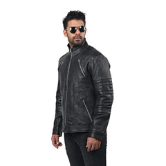 Men's Sleek Black High Neck Leather Jacket