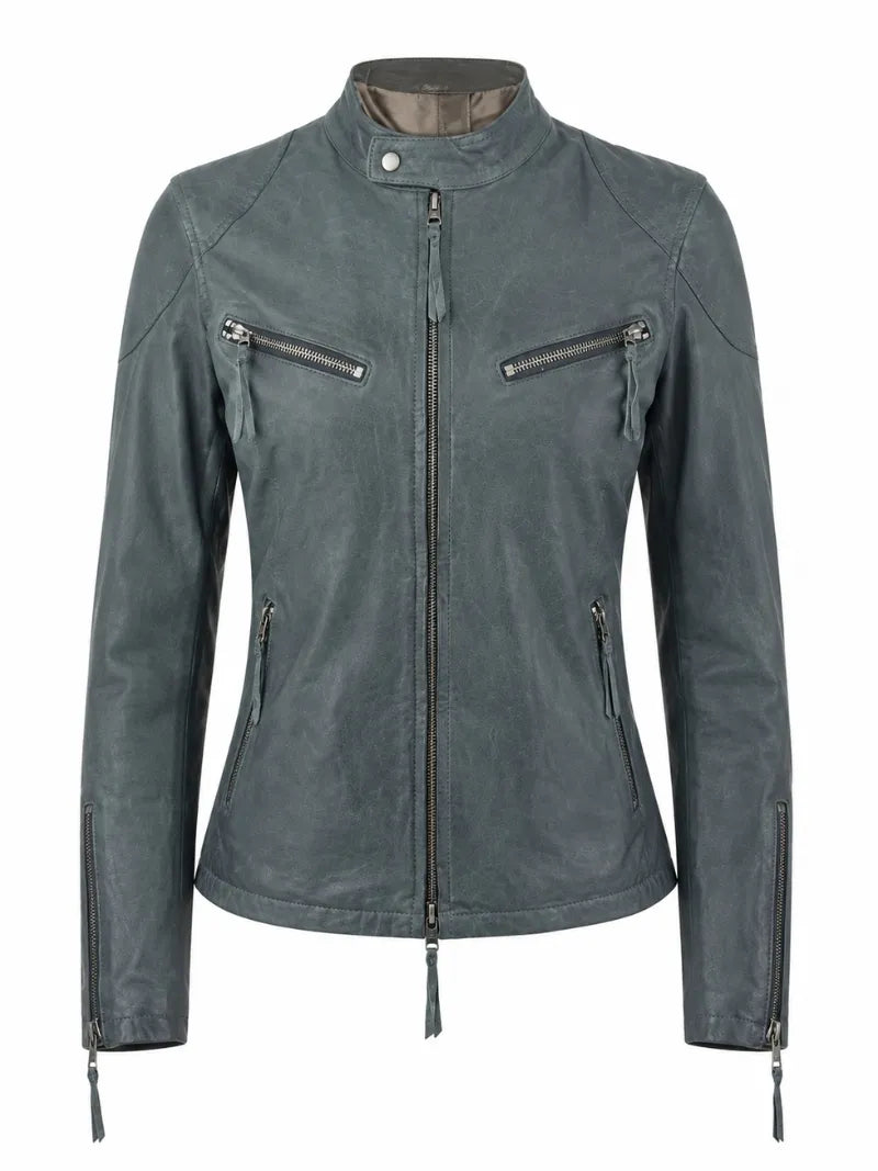 Men’s Slim Fit Grey Leather Jacket Front