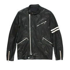 Men’s Standard Black Leather Jacket with White Stripes