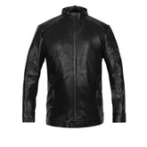 Men's Black Zip-Up Leather Jacket with Band Collar
