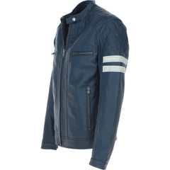 Men’s Stylish Blue Leather Jacket With White Stripes