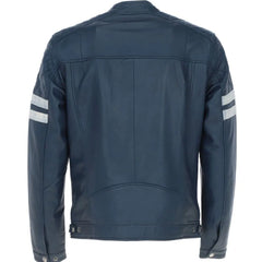 Men’s Stylish Blue Leather Jacket With White Stripes