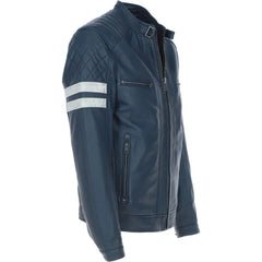 Men’s Stylish Blue Leather Jacket With White Stripes
