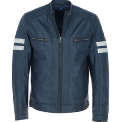 Men’s Stylish Blue Leather Jacket With White Stripes