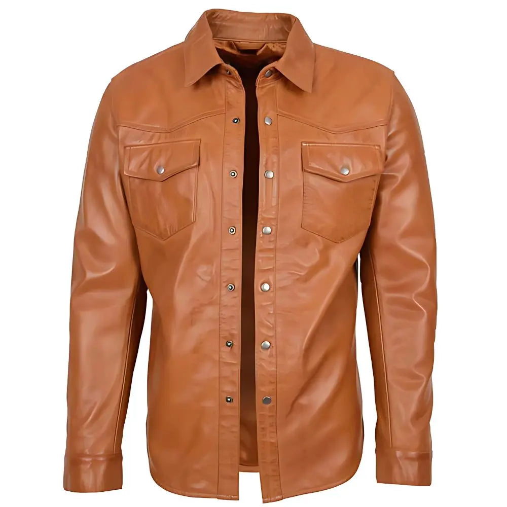 Men's Tan Button-Up Leather Shirt Jacket