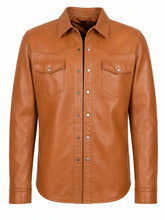 Men's Tan Button-Up Leather Shirt Jacket