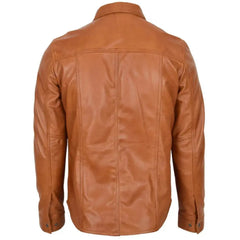Men's Tan Button-Up Leather Shirt Jacket