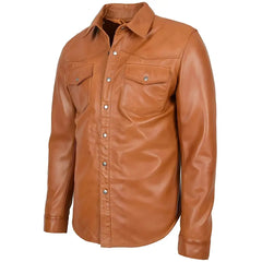 Men's Tan Button-Up Leather Shirt Jacket