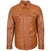 Men's Tan Button-Up Leather Shirt Jacket