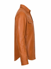 Men's Tan Button-Up Leather Shirt Jacket