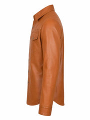 Men's Tan Button-Up Leather Shirt Jacket