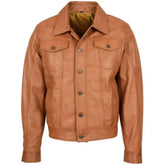 Men's Tan Button-Up Leather Trucker Jacket