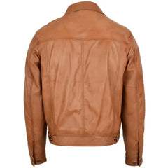 Men's Tan Button-Up Leather Trucker Jacket