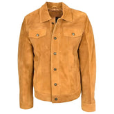 Men's Tan Suede Button-Up Leather Trucker Jacket