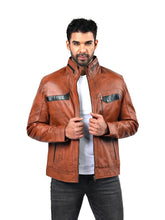 Men’s Tan Leather Jacket with Contrast Panels Front