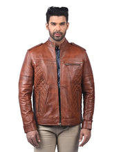 Men’s Tan Leather Jacket with Quilted Panels Front